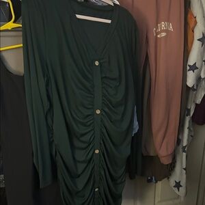 Dark Green Ruched Button-Down Dress